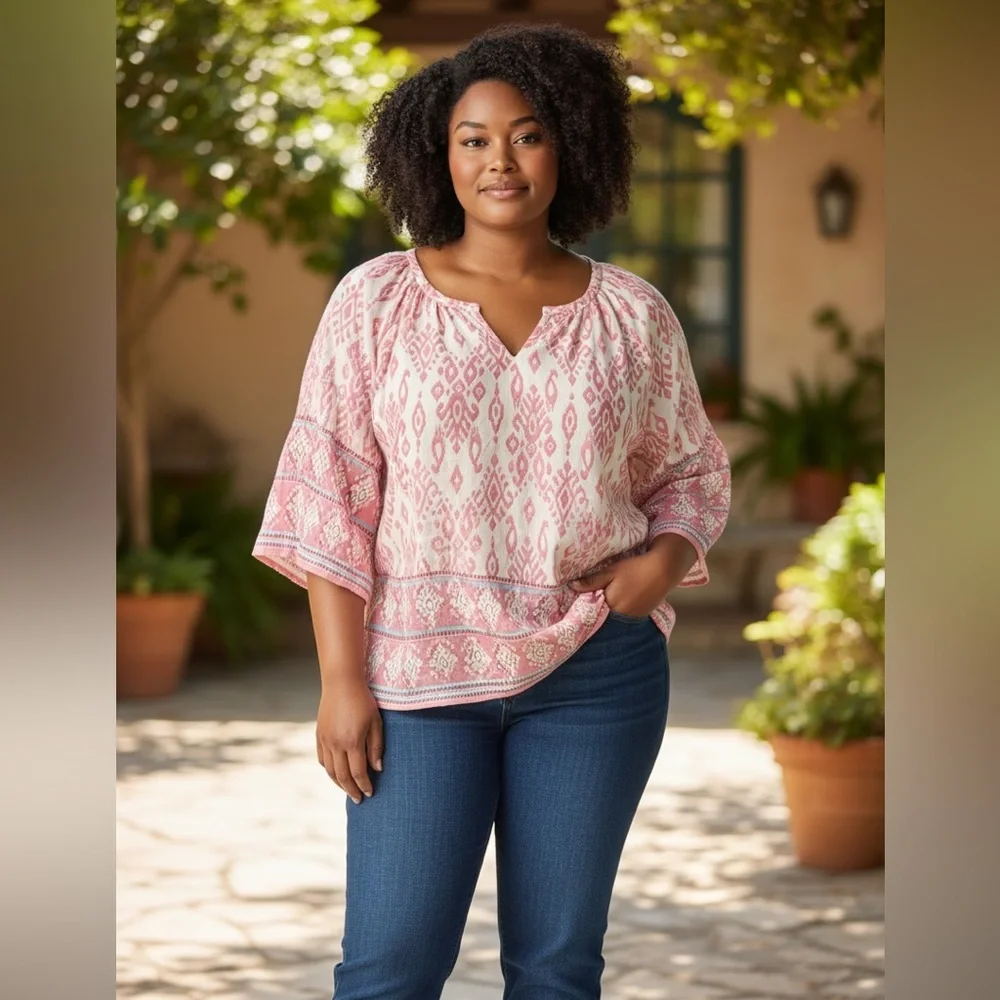 Bebonnie pink and white boho peasant blouse with 3/4 length sleeves - NWOT - Picture 2 of 8